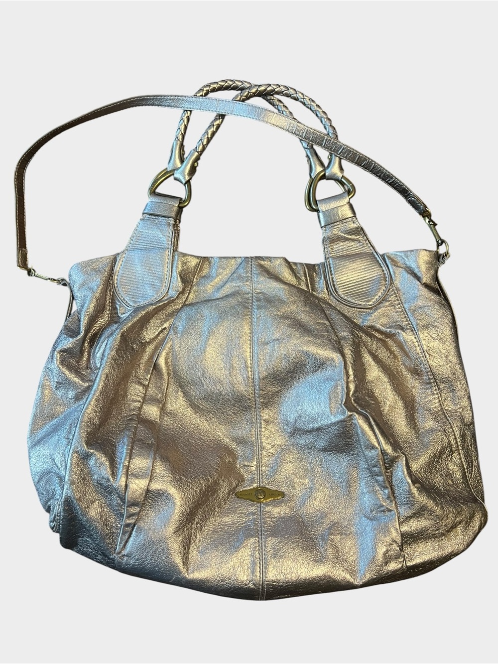 Elliott Lucca Metallic Gold Leather Slouchy Hobo Bag Braided Handles